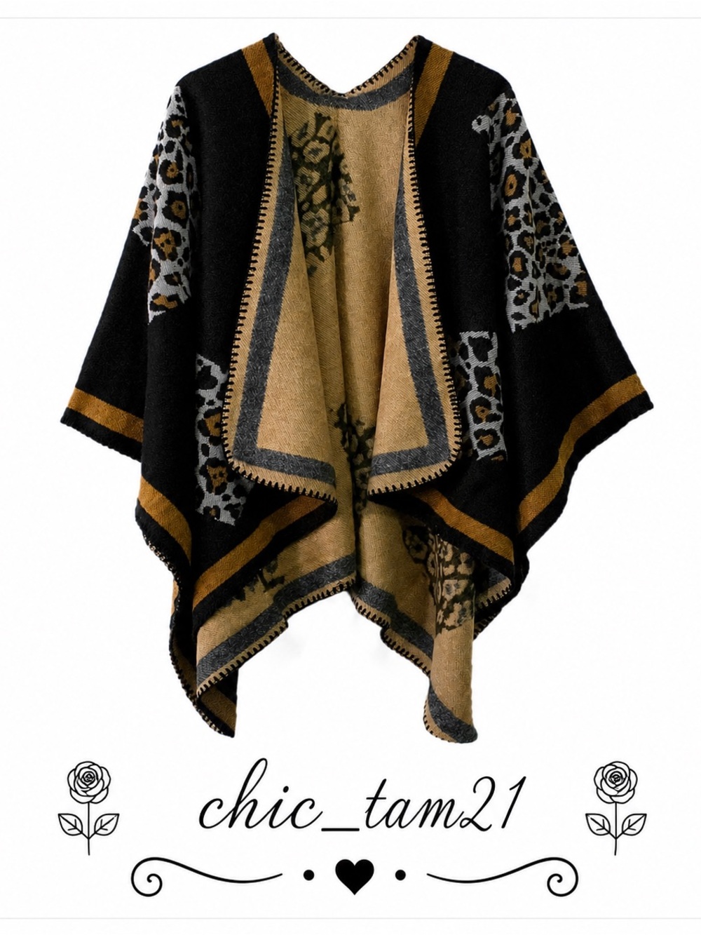 Black and Tan Leopard-Accent Poncho Throw